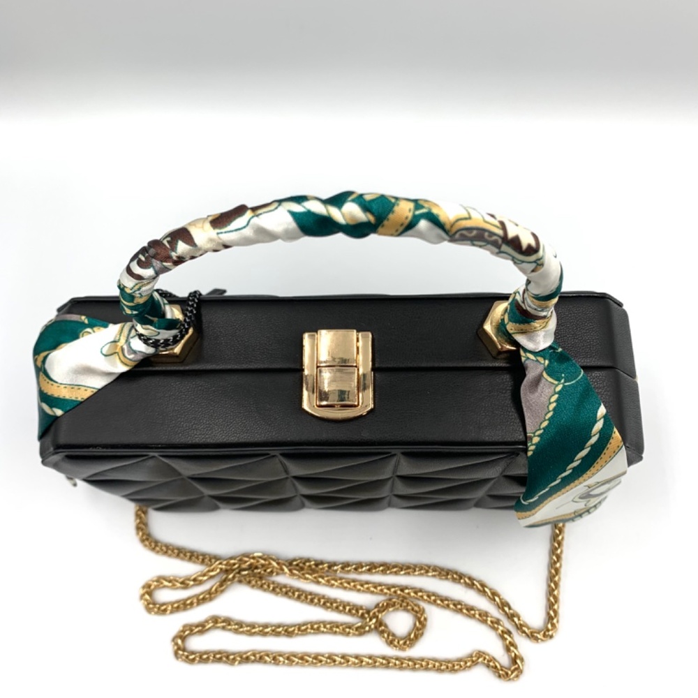 Stylish black quilted blue scarf top handle sling crossbody bag gold-tone chain - Picture 3 of 14